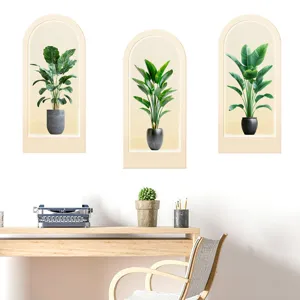 Set of 3 faux potted green plant wall stickers in minimalist arch frame design