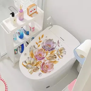 3D floral toilet lid sticker with pink flowers and gold leaves for bathroom decor.