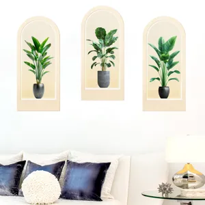 Modern 3D arch wall decals featuring potted green plants in minimalist interior decor.