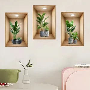 Close-up detail of 3D simulation green potted plant wall stickers in home interior