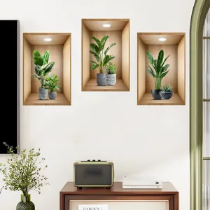 Three 3D potted plant wall stickers in wooden niches on a white living room wall