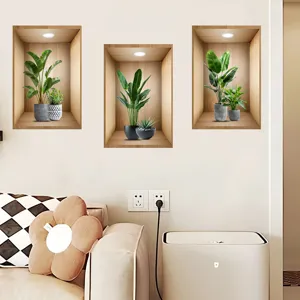 3D faux green plant wall stickers in wooden niches for modern living room home decor