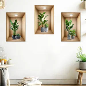Set of three 3D wall stickers featuring artificial green plants in wooden niche designs