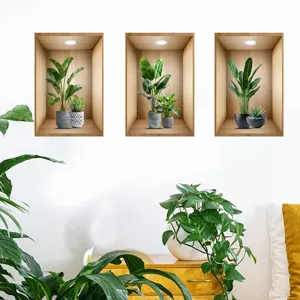 Realistic 3D faux plant wall stickers in wooden niche design for home decoration