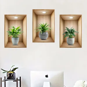 3D artificial potted plant wall stickers in wooden niches for home office decoration