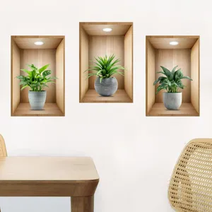 3D faux potted plant wall stickers with wooden niche design for modern home wall decor