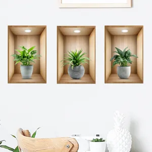 Detail of 3D wall stickers featuring three artificial potted plants in wooden niches.