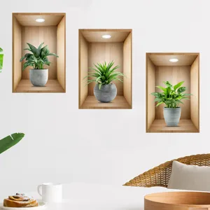 Detail showing 3D wall stickers with simulated green plants in wooden niches for home decor