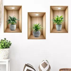 Realistic 3D wall stickers featuring faux potted plants in modern wooden shelf design