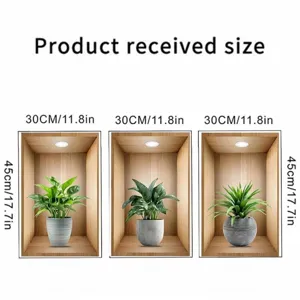 Set of 3D wall stickers featuring potted plants in wooden niches, each measuring 30x45cm