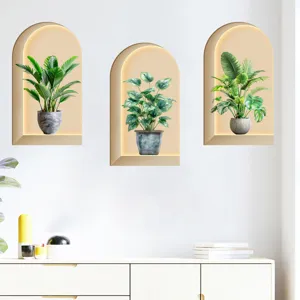 3D realistic wall stickers featuring green potted plants in arched niches decor.