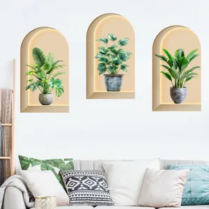 Detail of 3D arch niche wall stickers featuring realistic green potted plant prints