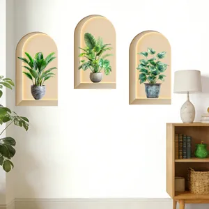 3D faux potted plant wall decals on white wall in minimalist room