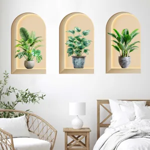 Detailed view of 3D arched niche wall stickers featuring lush green potted plants on a white wall