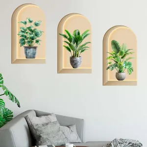 Detail of 3D-effect arched niche wall stickers with vibrant green plants in a living room