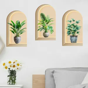 Detail of three arched faux plant wall stickers in a modern bedroom setting