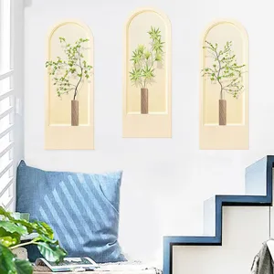 Set of three arch-shaped wall stickers featuring minimalist green plant potted designs for wall decor