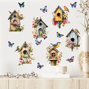 Watercolor vintage birdhouse with birds and butterflies self-adhesive wall stickers