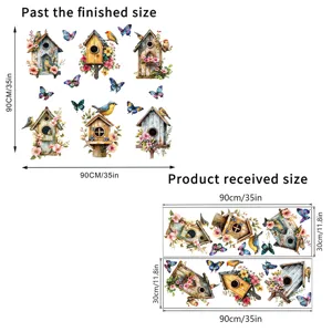 Detailed layout and dimensions for birdhouse and butterfly waterproof wall sticker sheets