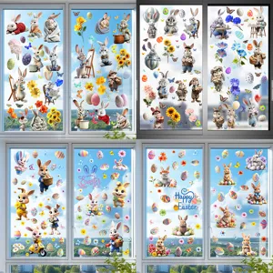 Easter Bunny Window Stickers Double Sided Static Cling Decals Happy Easter Eggs Flower Butterfly For Glass Shop Window Home Decor
