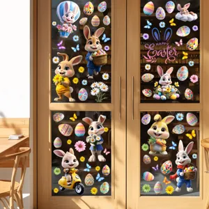 Detailed view of colorful cartoon Easter bunny and egg static stickers on a glass door