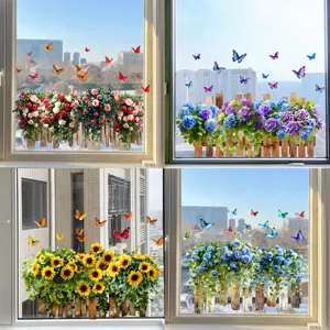 Doppelseitig Statische Fensterfolie Blume Schmetterling Zaun Ohne Kleber PVC Aufkleber Für Geschäft Laden Heim Glas Deko Rose Sonnenblume
