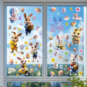 Detail showing colorful 3D Easter rabbit and egg static window stickers on a glass pane.