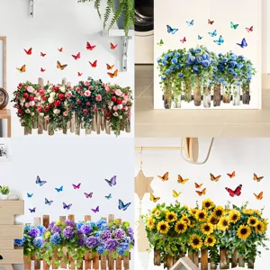 Rose Sunflower Hydrangea Butterfly Fence Wall Sticker Waterproof PVC Self Adhesive Removable Mural For Living Room Decor