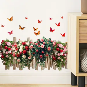 Detailed view of decorative 3D rose and butterfly fence waterproof wall stickers