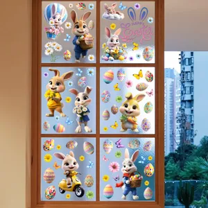 Cute 3D Easter bunny window static clings featuring colorful eggs and flowers on glass.