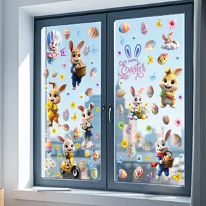 Close-up view of vibrant Easter bunny and egg static window stickers on clear glass