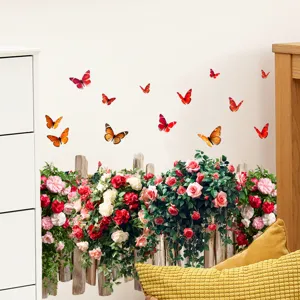 Detail of rose and butterfly fence wall sticker in a cozy bedroom setting