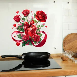 Adesivo murale di San Valentino con rose rosse e scatola regalo in una cucina moderna.