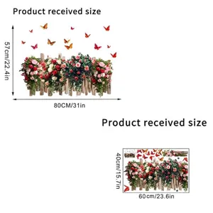 Size chart for rose flower fence window stickers, 60x40cm sheet expanding to 80x57cm.