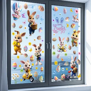 Colorful Easter bunny and egg static window stickers displayed on a glass window pane