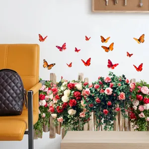 Detailed view of rose and butterfly fence wall decals in a modern living room setting.