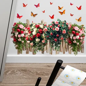 Vivid 3D rose and butterfly fence wall sticker for living room bedroom decor