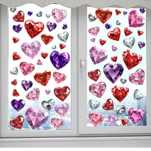 Macro detail of vibrant multi-color diamond heart-shaped static stickers on window