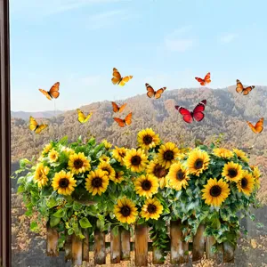 Detaillierte doppelseitige Sonnenblumen Fensteraufkleber mit Schmetterlingen für Shops