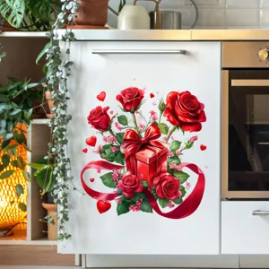 Adesivo murale romantico impermeabile San Valentino con rose rosse e scatola regalo