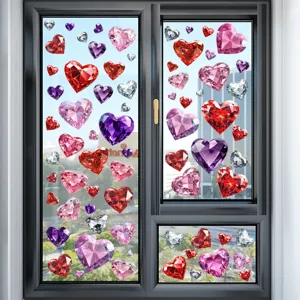 Assorted diamond heart static window decals in various colors and sizes for shop decor