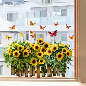 Detaillierte Ansicht des Fensteraufklebers mit Sonnenblumen und Schmetterlingen auf Glas.