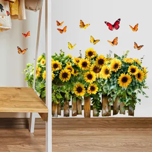 Vibrant sunflower and butterfly wall sticker applied to a clean white living room wall