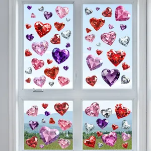 Detailed macro view of colorful diamond heart static decals applied on window glass