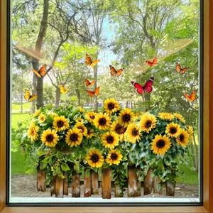 Sonnenblumen und Schmetterlinge Fensteraufkleber auf einer Glasscheibe mit Gartenblick