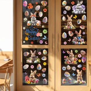 Detailed view of colorful Easter bunny and eggs static cling window decals on glass door