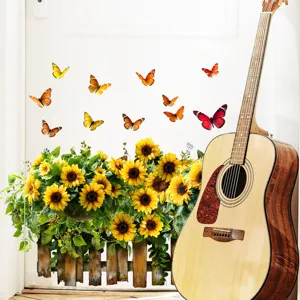 Detailed view of sunflower and butterfly wall stickers applied to a living room wall