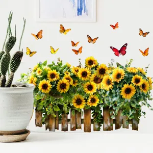 Vibrant sunflower and butterfly fence wall sticker decoration in a bright home interior