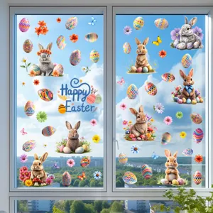 Detailed view of Easter bunny and egg static stickers applied on a glass window.