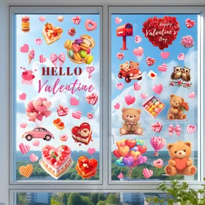 Festive Valentine's Day static window clings with hearts and teddy bear designs on glass.